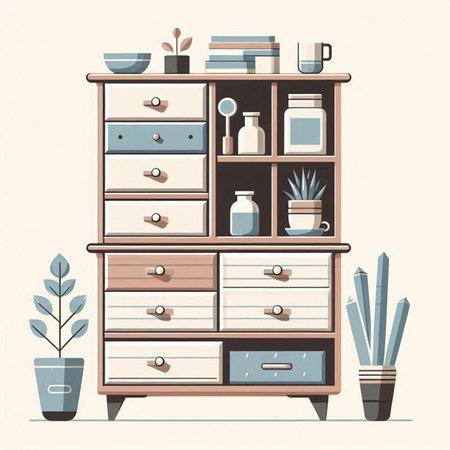 Vector illustration of a wooden chest of drawers in flat style.のイラスト素材