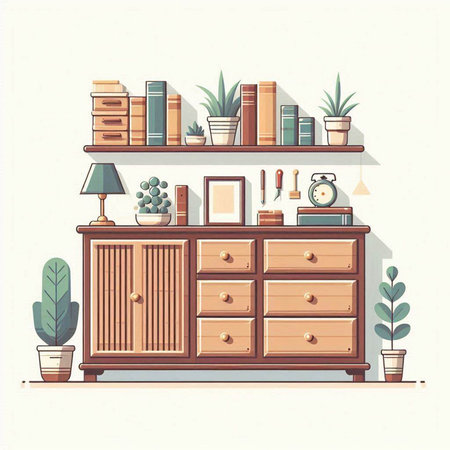 Illustration of bookshelf with books and plants in flat styleのイラスト素材