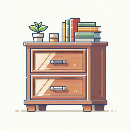 Wooden chest of drawers with books and plants. Vector illustration.のイラスト素材