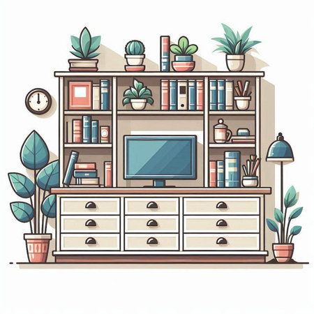 Bookshelf with books and home plants. Vector illustration in flat style.のイラスト素材