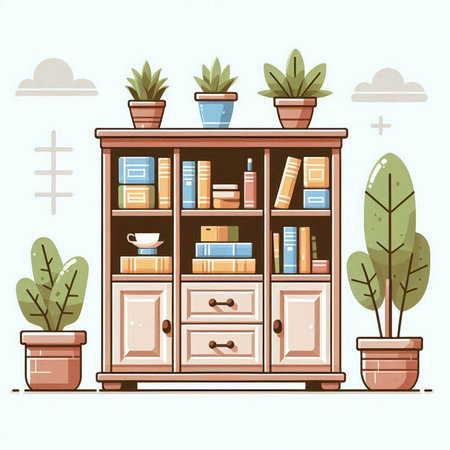 Bookshelf with books and plants. Vector illustration in flat styleのイラスト素材