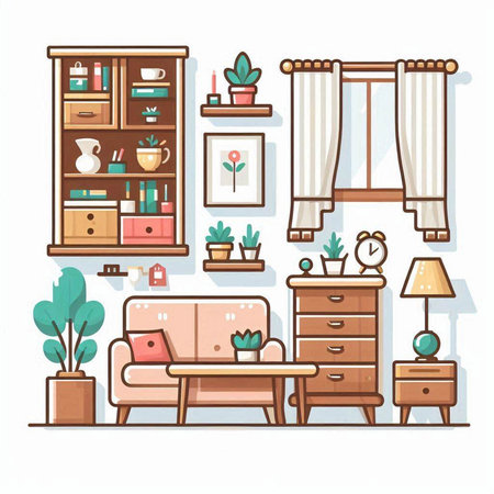 Living room interior with furniture, sofa, bookshelf and plants. Vector illustration.のイラスト素材
