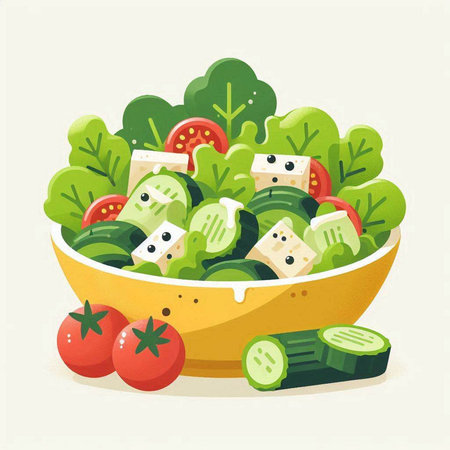 Salad with cucumber, tomato and cheese. Vector illustration.のイラスト素材