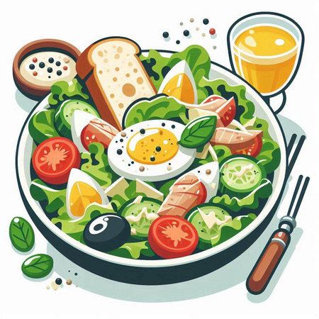 Salad with eggs, tomatoes and olives. Vector illustration.のイラスト素材