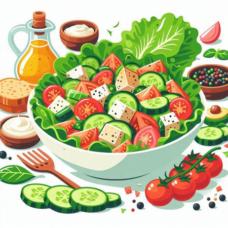 Vegetable salad in a bowl on a white background. Vector illustrationのイラスト素材