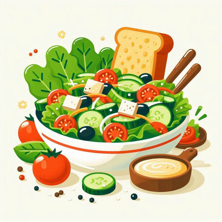 Salad with feta cheese and fresh vegetables. Vector illustration.のイラスト素材