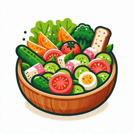 Fresh vegetable salad in wooden bowl isolated on white background. Vector illustration.のイラスト素材