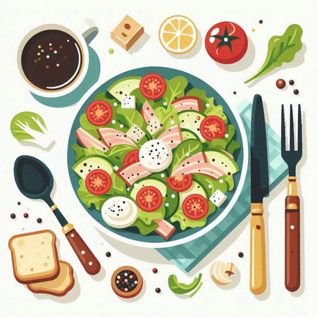 Salad with tomatoes, mozzarella cheese, lettuce, arugula, olives and coffee. Vector illustrationのイラスト素材