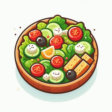 Vegetable salad in a wooden bowl. Vector illustration on white background.のイラスト素材