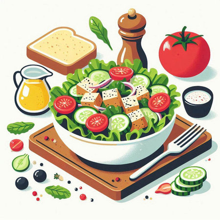 Salad with feta cheese, tomatoes, cucumber, onion, black olives and spices. Vector illustrationのイラスト素材