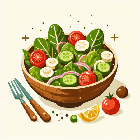 Fresh vegetable salad in wooden bowl with fork and knife. Vector illustration.のイラスト素材