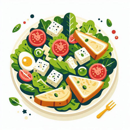 Salad with mozzarella cheese, tomatoes, cucumbers, olives and lettuce. Vector illustration.のイラスト素材