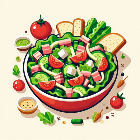 Salad with vegetables and cheese in a bowl. Vector illustration.のイラスト素材