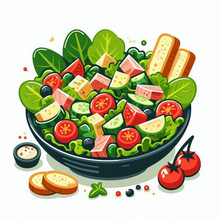 Salad with cheese, tomato, cucumber and olives. Vector illustration.のイラスト素材