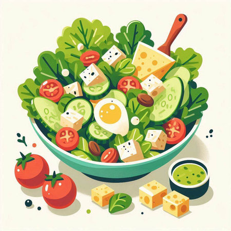 Salad with cheese, cucumber, tomato and basil. Vector illustration.のイラスト素材