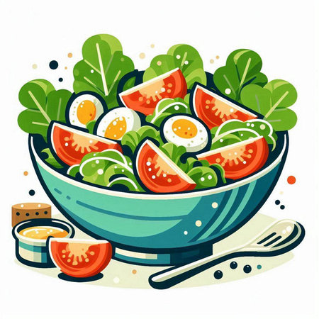 Salad in a bowl with tomatoes, lettuce and cheese. Vector illustration.のイラスト素材