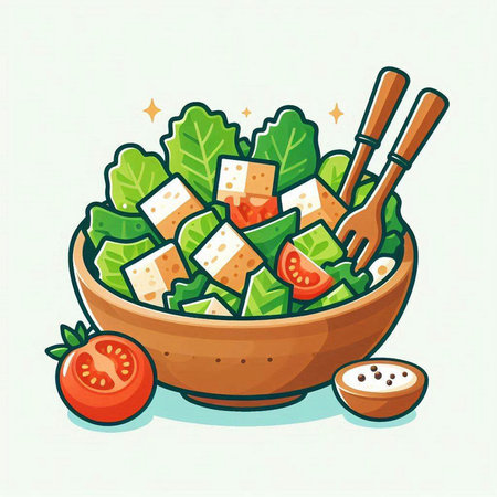 Vegetarian salad with tofu and tomatoes in a bowl. Vector illustration.のイラスト素材