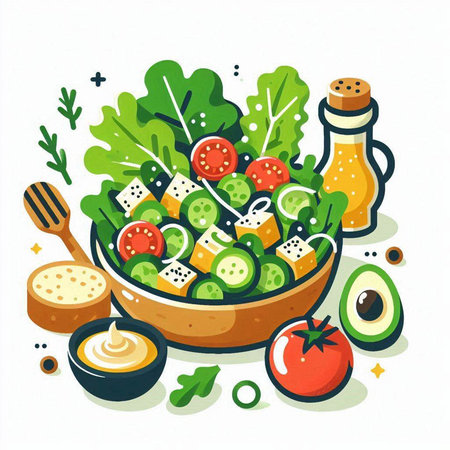 Salad with cheese, tomato, cucumber, lettuce, olive oil and mayonnaise. Vector illustration.のイラスト素材