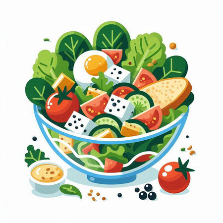 Salad in a bowl. Vector illustration on a white background.のイラスト素材