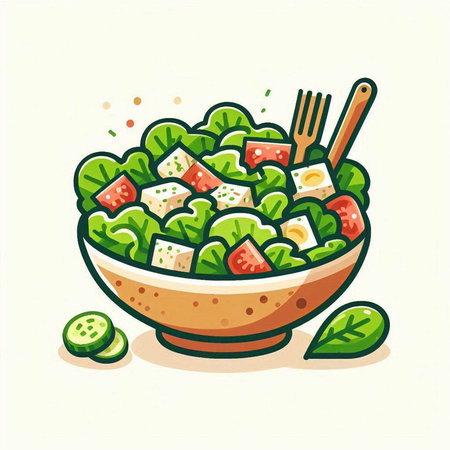 Salad in a bowl with fork and knife. Vector illustration.のイラスト素材