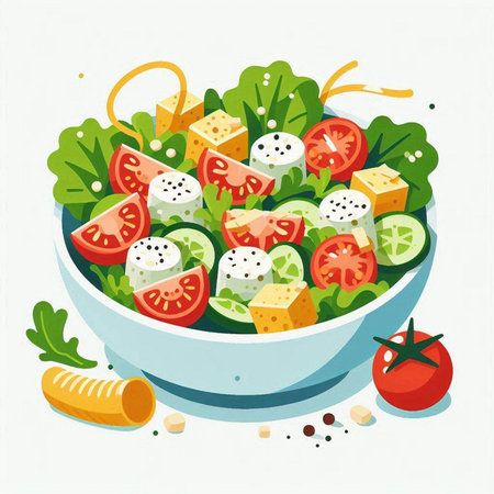 Salad with cheese, tomato and cucumber. Vector illustration.のイラスト素材