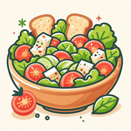 Salad with tomatoes and feta cheese in a bowl. Vector illustration.のイラスト素材