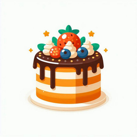 Illustration of a cake with strawberries and blueberries on a white backgroundのイラスト素材