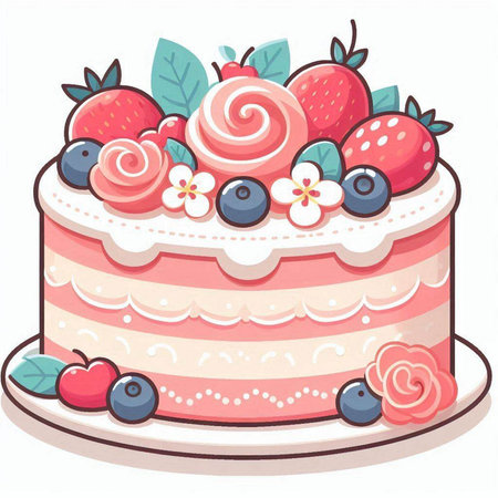 Illustration of a Cakes with Berries and Flowers on a White Backgroundのイラスト素材