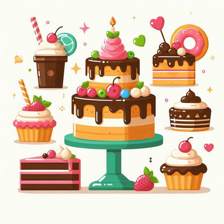 Cakes and cakes set. Vector illustration in flat cartoon style.のイラスト素材