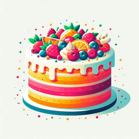 Birthday cake with berries and cream on a white background. Vector illustration.のイラスト素材