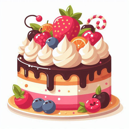 Vector illustration of a cake with cream and berries on a white backgroundのイラスト素材