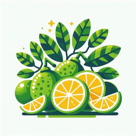 Vector illustration of limes with green leaves on a white background.のイラスト素材