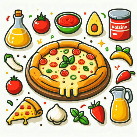 Pizza icons set. Vector illustration of a pizza with ingredients.のイラスト素材