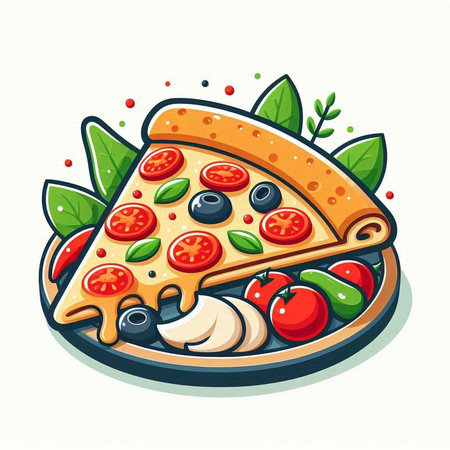 Pizza slice with tomatoes, olives and mozzarella cheeseのイラスト素材