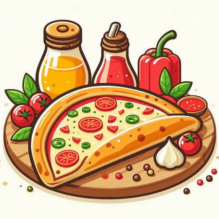 Illustration of a slice of pizza with ingredients on a white backgroundのイラスト素材
