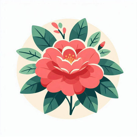 Camellia flower with leaves. Vector illustration in flat styleのイラスト素材