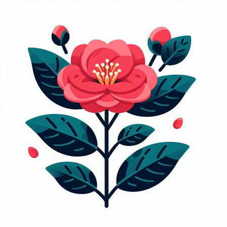 Illustration of a camellia flower with green leaves on a white backgroundのイラスト素材