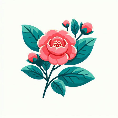 Cute pink rose with green leaves isolated on white background. Vector illustration.のイラスト素材
