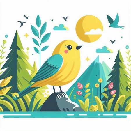 Vector illustration of a cute bird on the background of the mountains.のイラスト素材