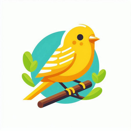 Cute yellow bird on a branch. Vector illustration in flat styleのイラスト素材