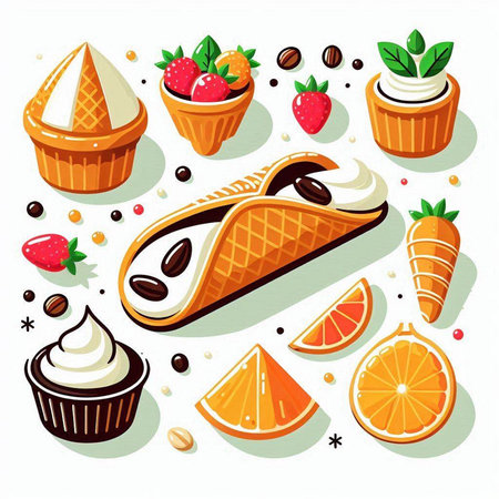 Vector illustration of ice cream in waffle cone, cupcake with cream and berries.のイラスト素材