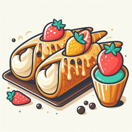 Strawberry cake with cream and cupcake. Vector illustration.のイラスト素材