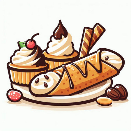 Illustration of a cupcake with ice cream and wafer rollsのイラスト素材