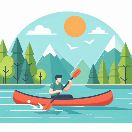 Man in a kayak on the river. Flat design vector illustration.のイラスト素材
