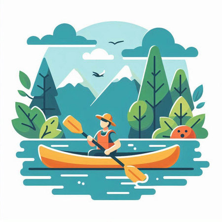 Kayaking and canoeing on the river. Vector illustration in flat styleのイラスト素材