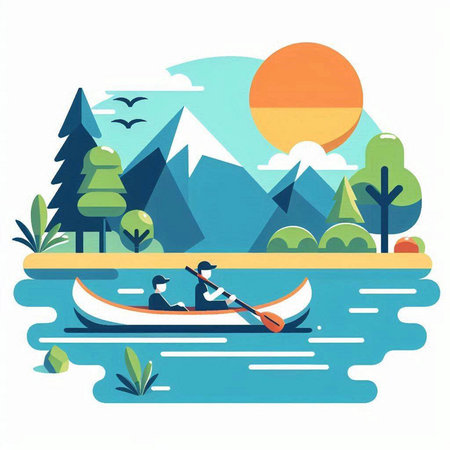 Flat design vector illustration of a man and woman canoeing on a lakeのイラスト素材