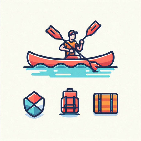 Kayaking icon set. Vector illustration in flat linear style on white background.のイラスト素材