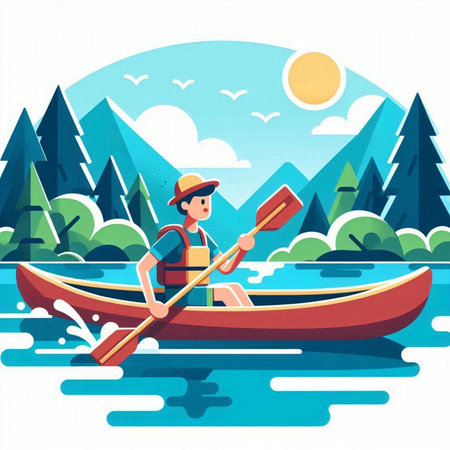 Young man in a canoe on the lake. Vector illustration in flat styleのイラスト素材