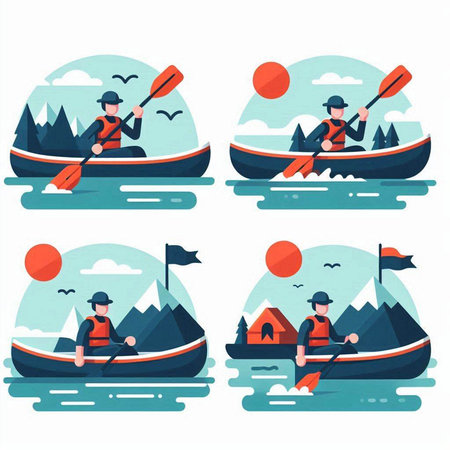 Set of flat design vector illustrations of rafting and kayaking.のイラスト素材
