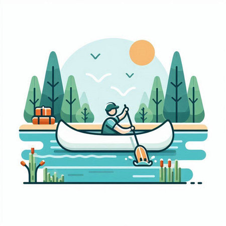 Man rowing a canoe on the river. Flat vector illustration.のイラスト素材